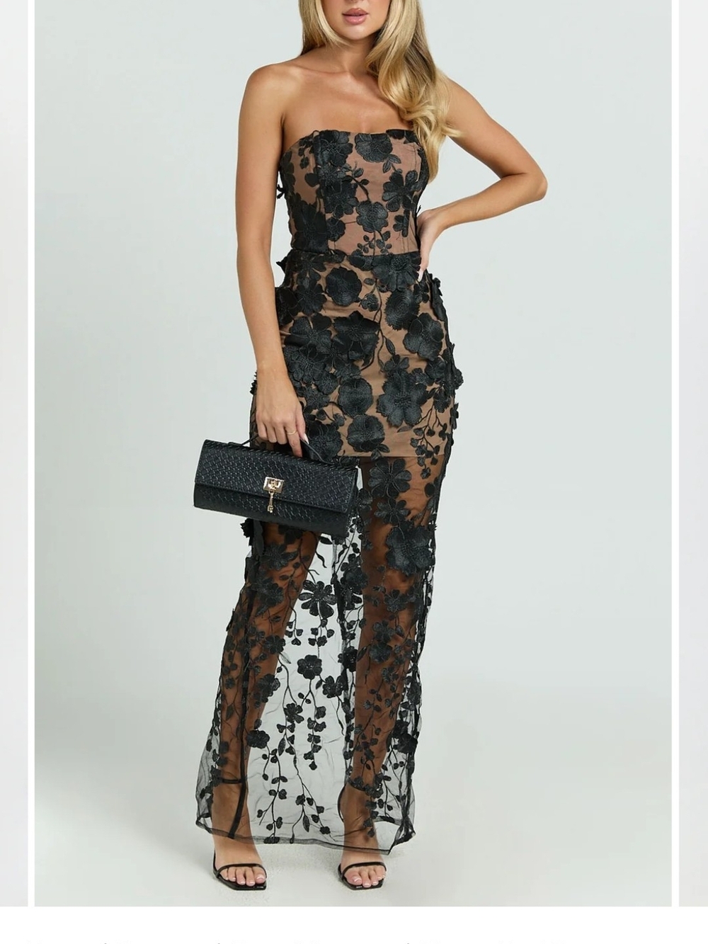 Showpo Black Floral Appliqué Strapless Evening Gown